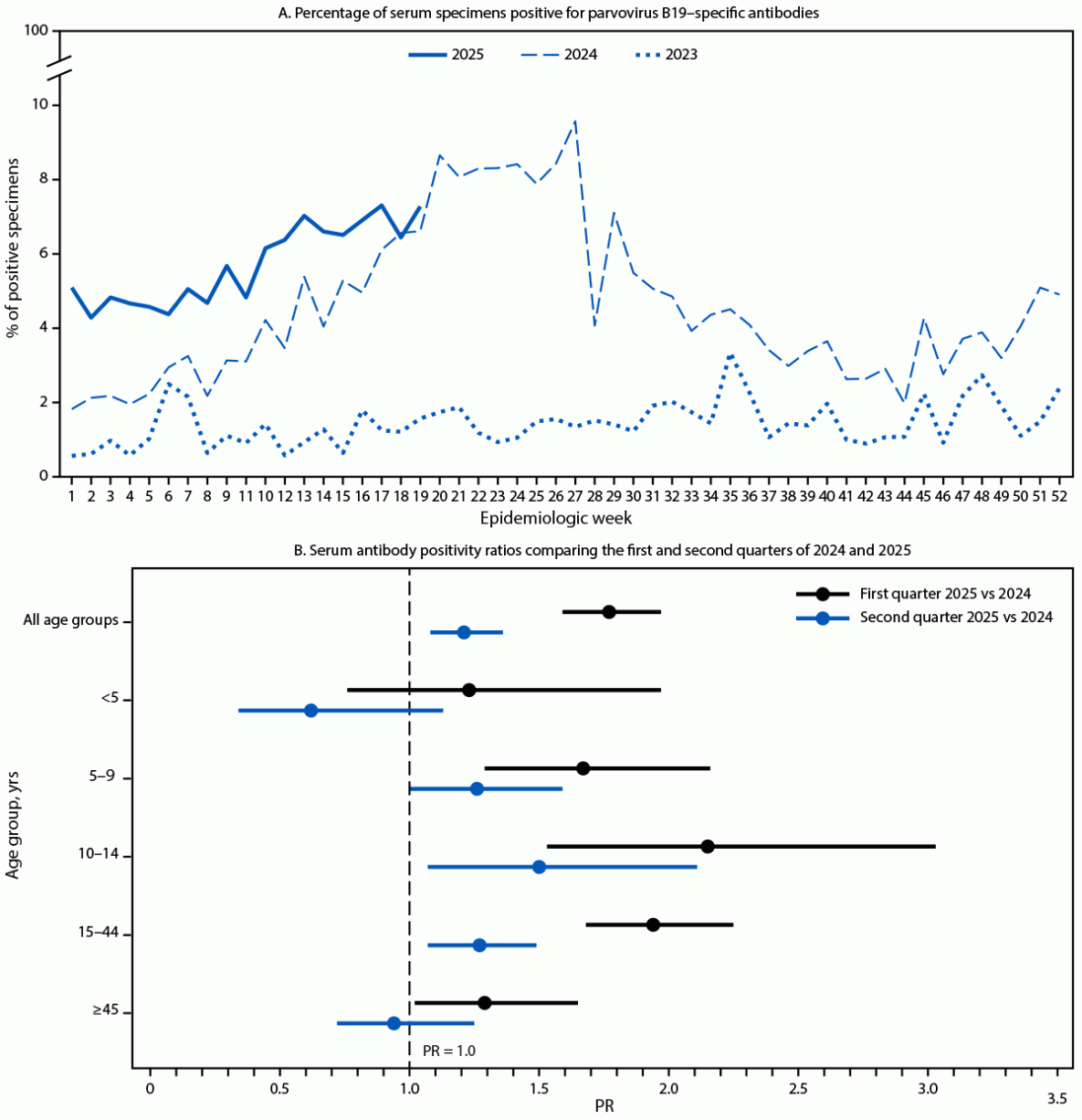 The figure consists of two panels, the first of which is composed of three line graphs showing the percentage of serum specimens positive for parvovirus B19–specific antibodies, by calendar week, during 2023–2025, and the second of which is composed of serum antibody positivity ratios comparing the first and second quarters of 2024 with the first and second quarters of 2025, according to data from the National Syndromic Surveillance Program reported during 2023–2025.