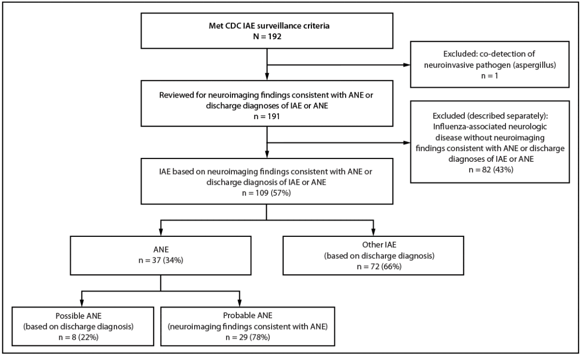 Pediatric Influenza-Associated Encephalopathy and Acute Necrotizing Encephalopathy — United States, 2024–25 Influenza Season The figure is an organizational chart categorizing cases of pediatric influenza-associated encephalopathy reported to CDC in the United States during the 2024–25 influenza season.