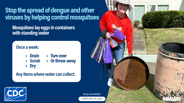 Dengue Outbreak and Response — Puerto Rico, 2024 The graphic shows a person holding a trash can lid to remove standing water. Text reads, “Stop the spread of dengue and other viruses by helping control mosquitoes. Mosquitoes lay eggs in containers
