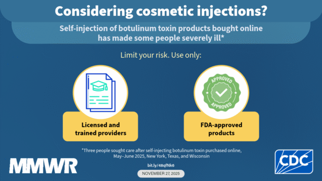 Notes from the Field: Severe Illnesses After Self-Injection of Botulinum Toxin Purchased Online — New York, Texas, and Wisconsin, 2025 The image shows a clinician with their hands on a patient’s face.