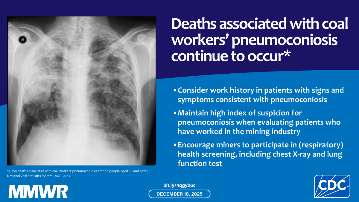 The image shows the chest X-ray from a coal worker with pneumoconiosis with text that reads, &ldquo;Deaths associated with coal workers&rsquo; pneumoconiosis continue to occur. Consider work history in patients with signs and symptoms consistent with pneumoconiosis, maintain high index of suspicion for pneumoconiosis when evaluating patients who have worked in the mining industry, and encourage miners to participate in (respiratory) health screening, including chest X-ray and lung function test.&rdquo;