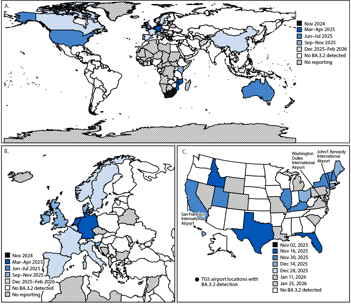 The figure is a series of three maps denoting SARS-CoV-2 BA.3.2 detections by initial sample collection date during November 2024&ndash;February 2026. Panel A is worldwide, panel B is Europe, and panel C is the United States.