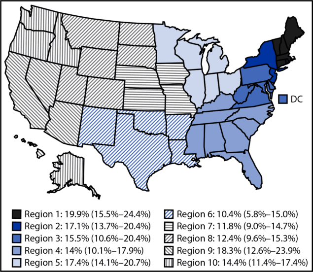 The figure is a U.S. map showing the estimated prevalence of current drinking during the past 30 days reported by pregnant women aged 18&ndash;49 years (N = 8,579), by U.S. Department of Health and Human Services region using data from the 2021&ndash;2024 Behavioral Risk Factor Surveillance System.
