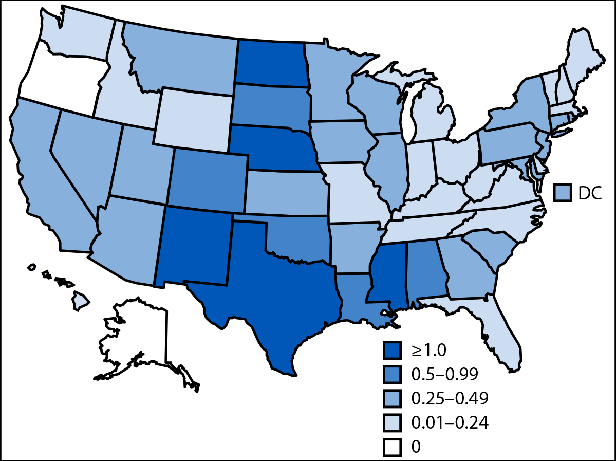 West Nile Virus and Other Nationally Notifiable Arboviral Diseases — United States, 2024 Figure is a map of the United States depicting incidence of confirmed and probable cases of neuroinvasive West Nile virus disease, by state in 2024.