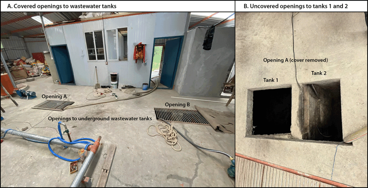 Poisoning Deaths in a Workshop for Ceremonial Papermaking — China, May 2025 Figure 2 consists of two photographs. The first depicts the covered openings to underground wastewater tanks (A), and the second illustrates uncovered openings to tanks 1 and 2 (B) in a ceremonial papermaking workshop in China, May 14, 2025.