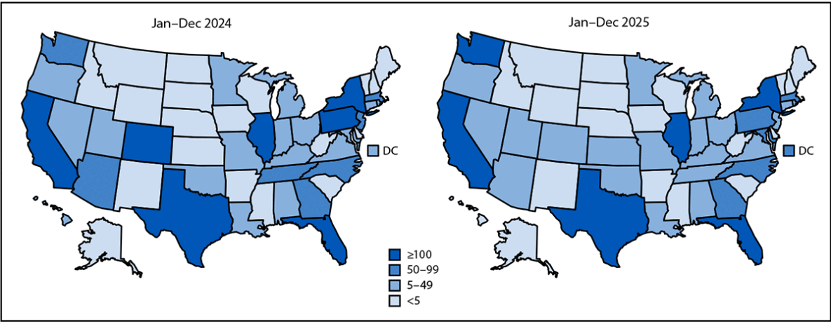 The figure is a map of the United States illustrating the confirmed and probable cases of MPXV infection, by state, in the United States in 2024 and 2025.