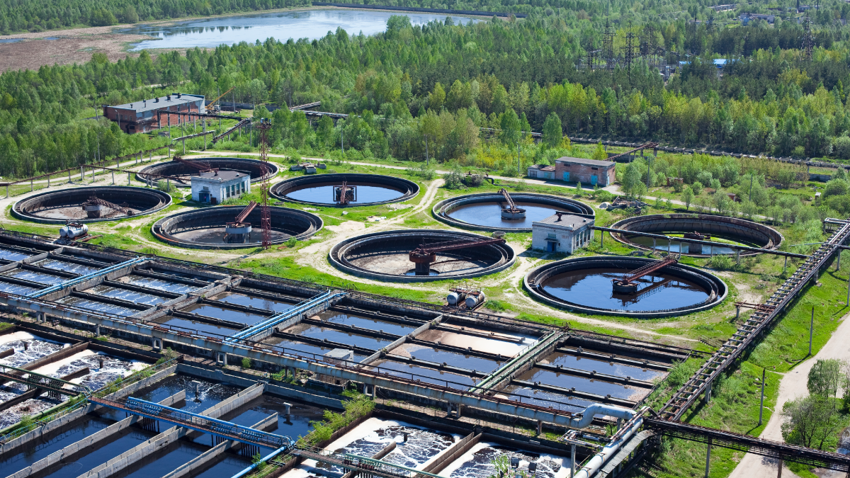 The image shows a wastewater treatment facility.
