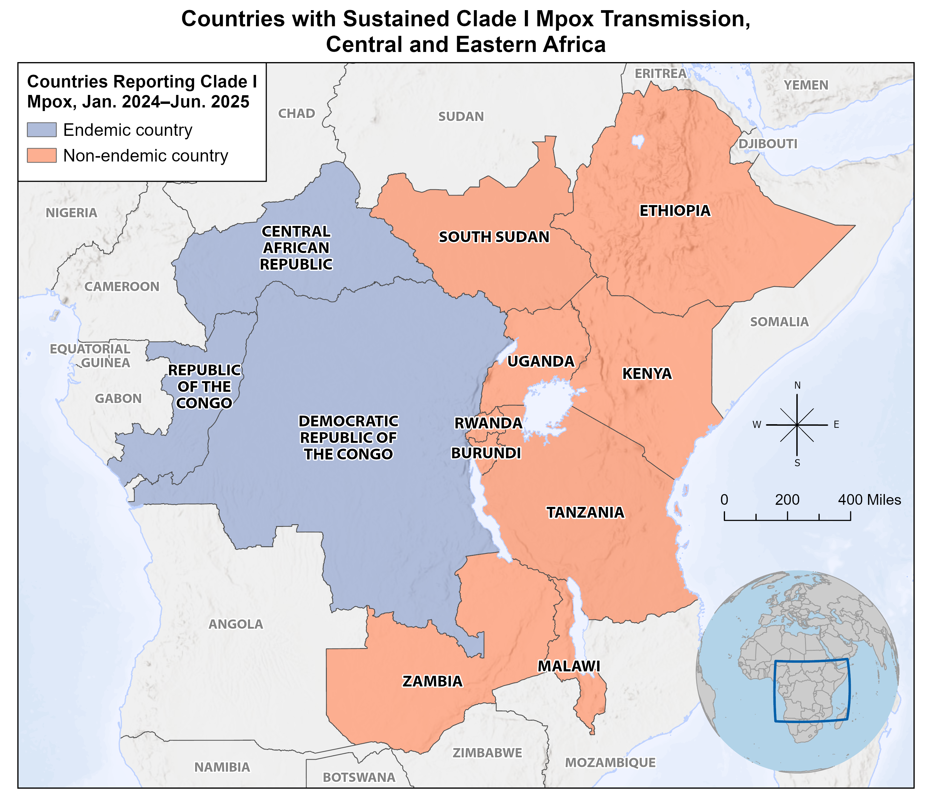 Map of Africa showing where monkeypox outbreaks are happening