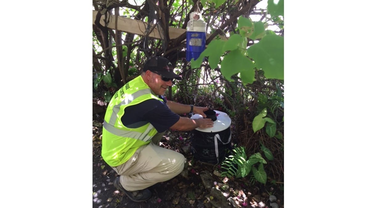 Photo showing a mosquito expert checking a BG Sentinel trap for mosquitoes.