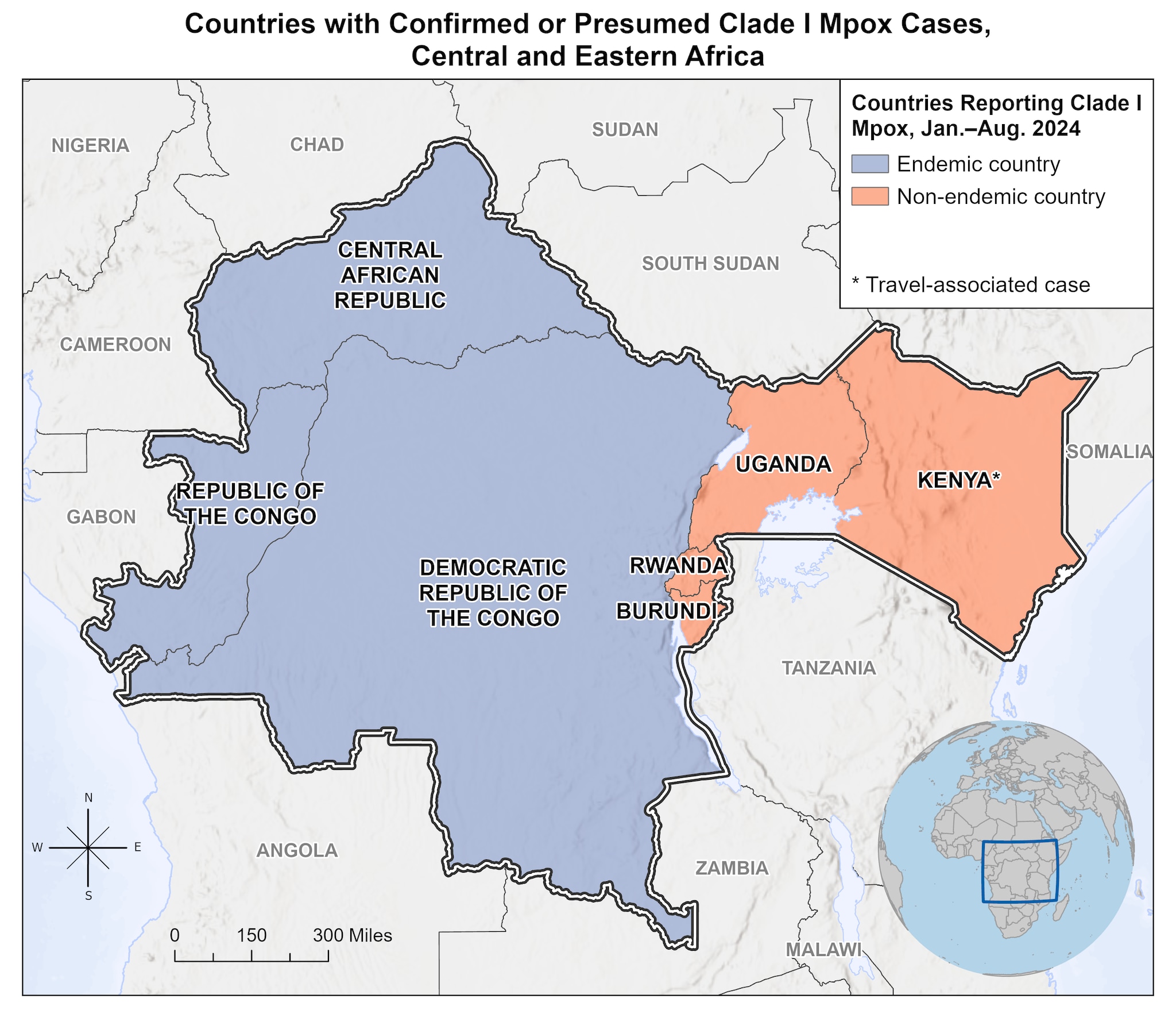 Map of Central and Eastern Africa showing countries with endemic and non-endemic mpox