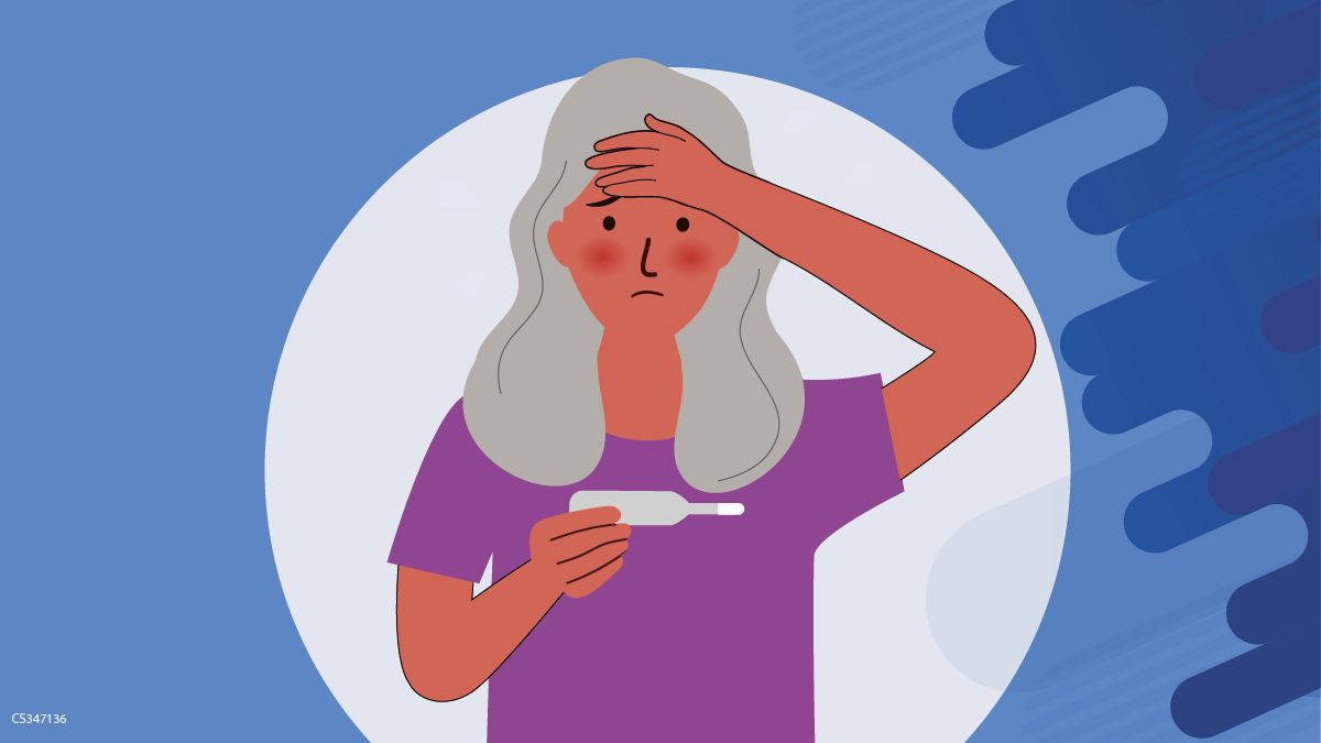 illustration of older woman with flush cheeks holding her head and checking her temperature