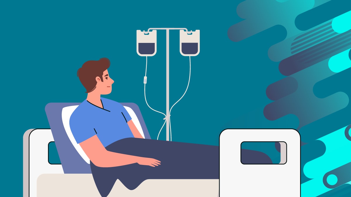 An illustration of a man in a hospital bed