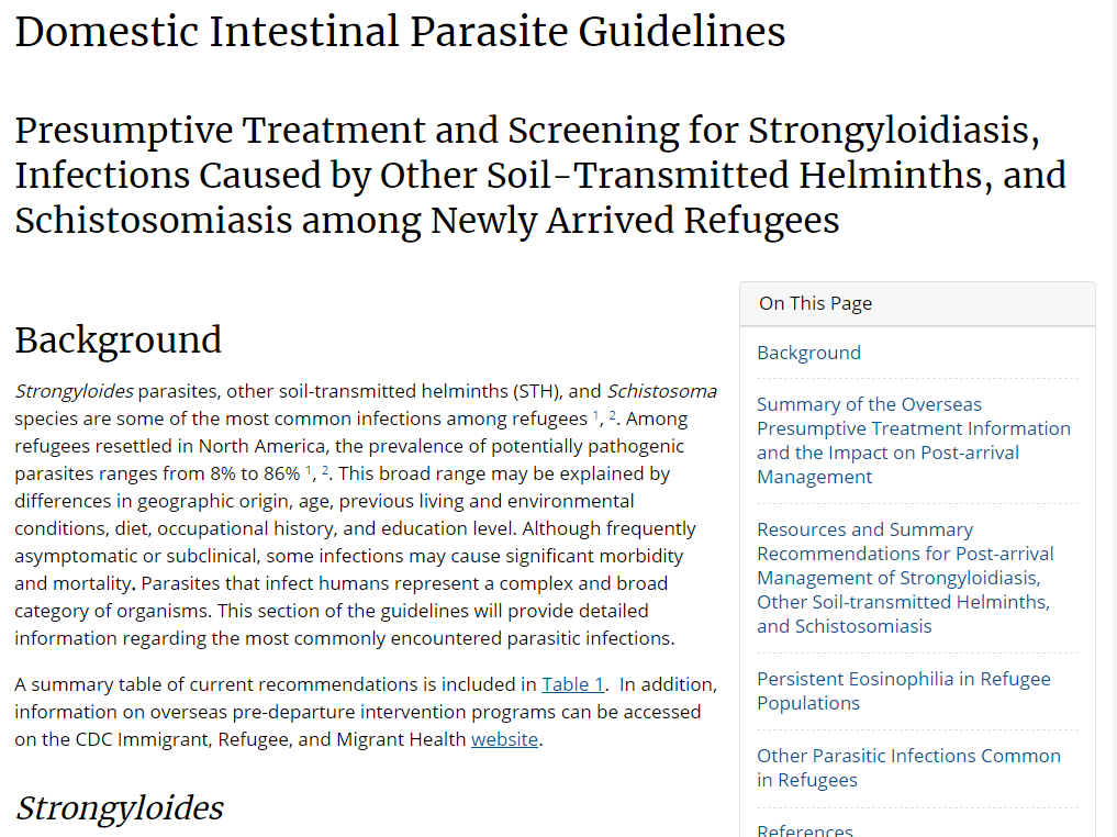 phapproach03 Screenshot image of a Centers for Disease Control and Prevention website that provides Domestic intestinal parasite guidelines to medical professionals. At the top of the website is a heading “domestic intestinal parasite guidelines “ in black font. The background of the website is white. The image includes rationale for having this information on the website and text information about intestinal parasites.