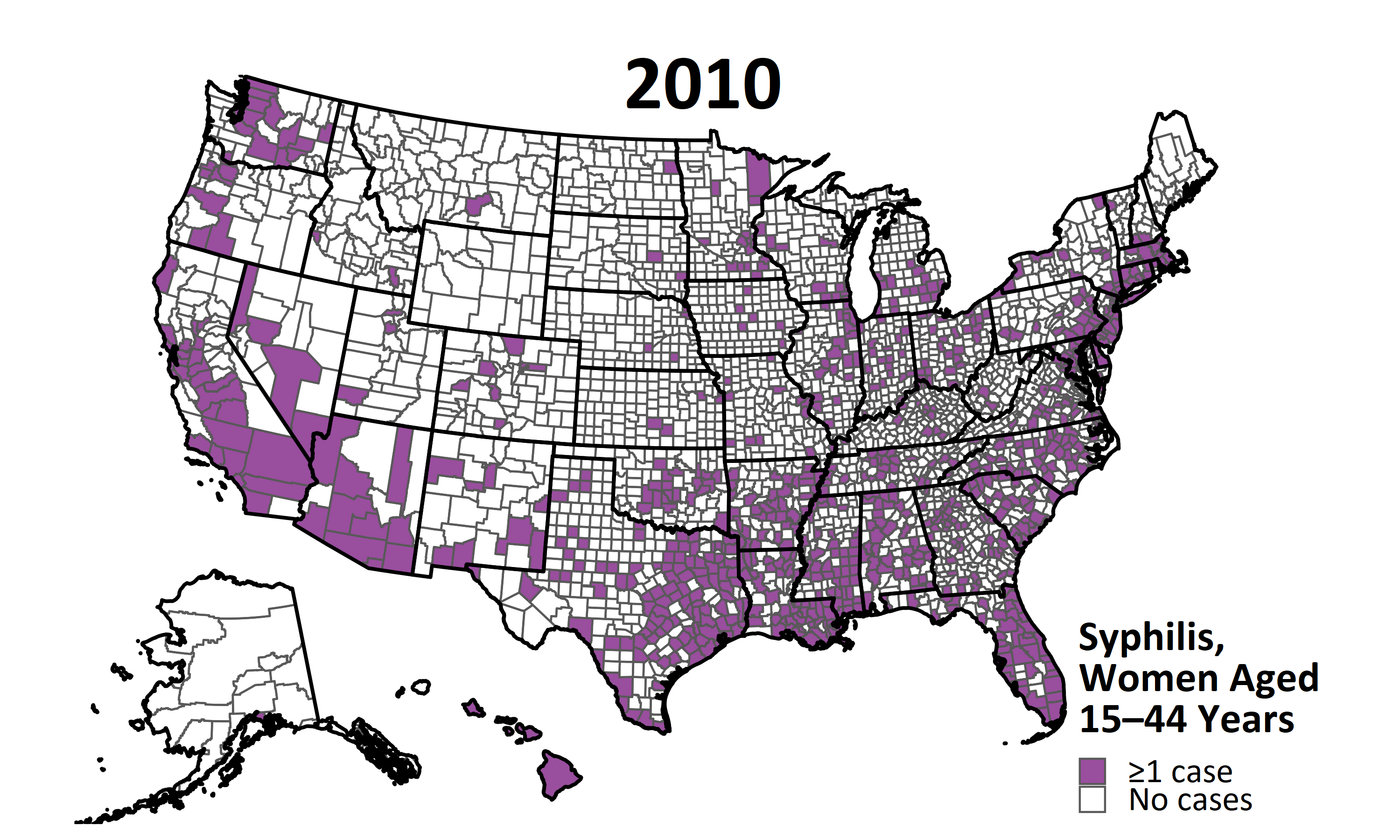 syphilis-women US map of Syphilis cases in women from 2010-2019