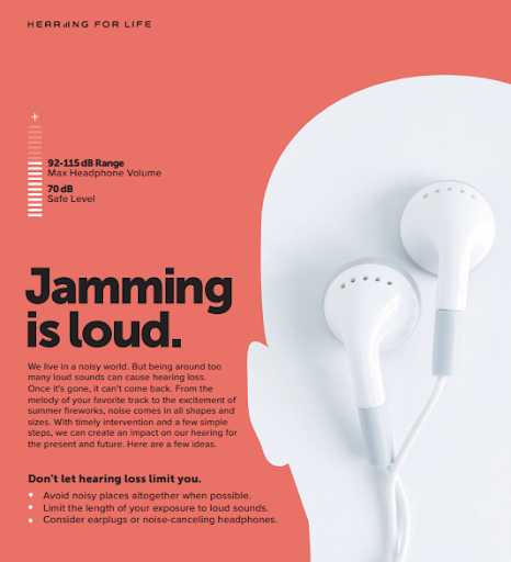 phapproach04 Jamming is Loud poster. Image shows a partial silhouette of a human head with a pair of earbuds on top. The text indicates that the safe volume level is 70 dB, but most headphones have a max volume of 92-115 dB and warns against exposure to loud noises.
