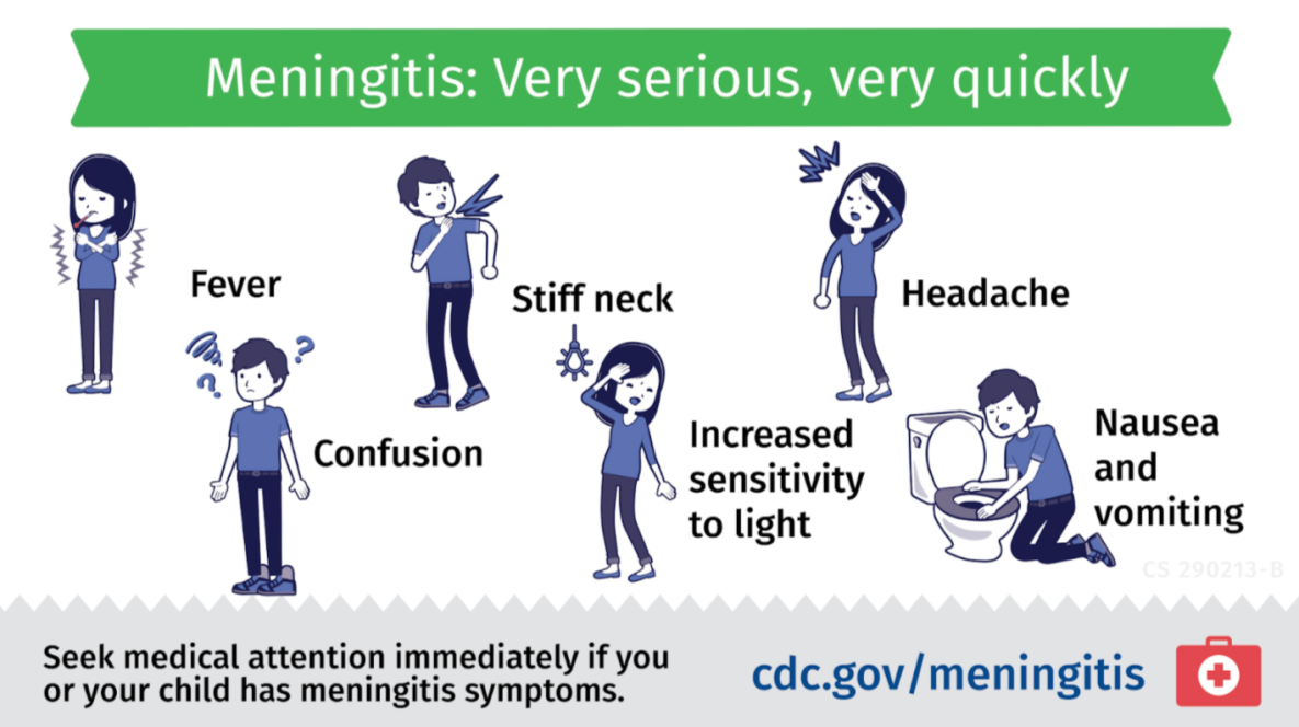 intro01 Infographic of the symptoms of meningitis stating “Meningitis: Very serious, very quickly.” Symptoms detailed in this infographic include fever, confusion, stiff neck, increased sensitivity to light, headache, and nausea and vomiting.