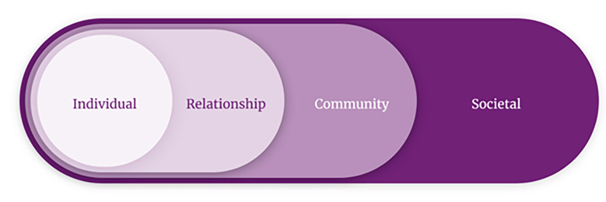 phapproach03 Diagram showing four shapes, each laid over the next, from top to bottom: individual, relationship, community, and societal.