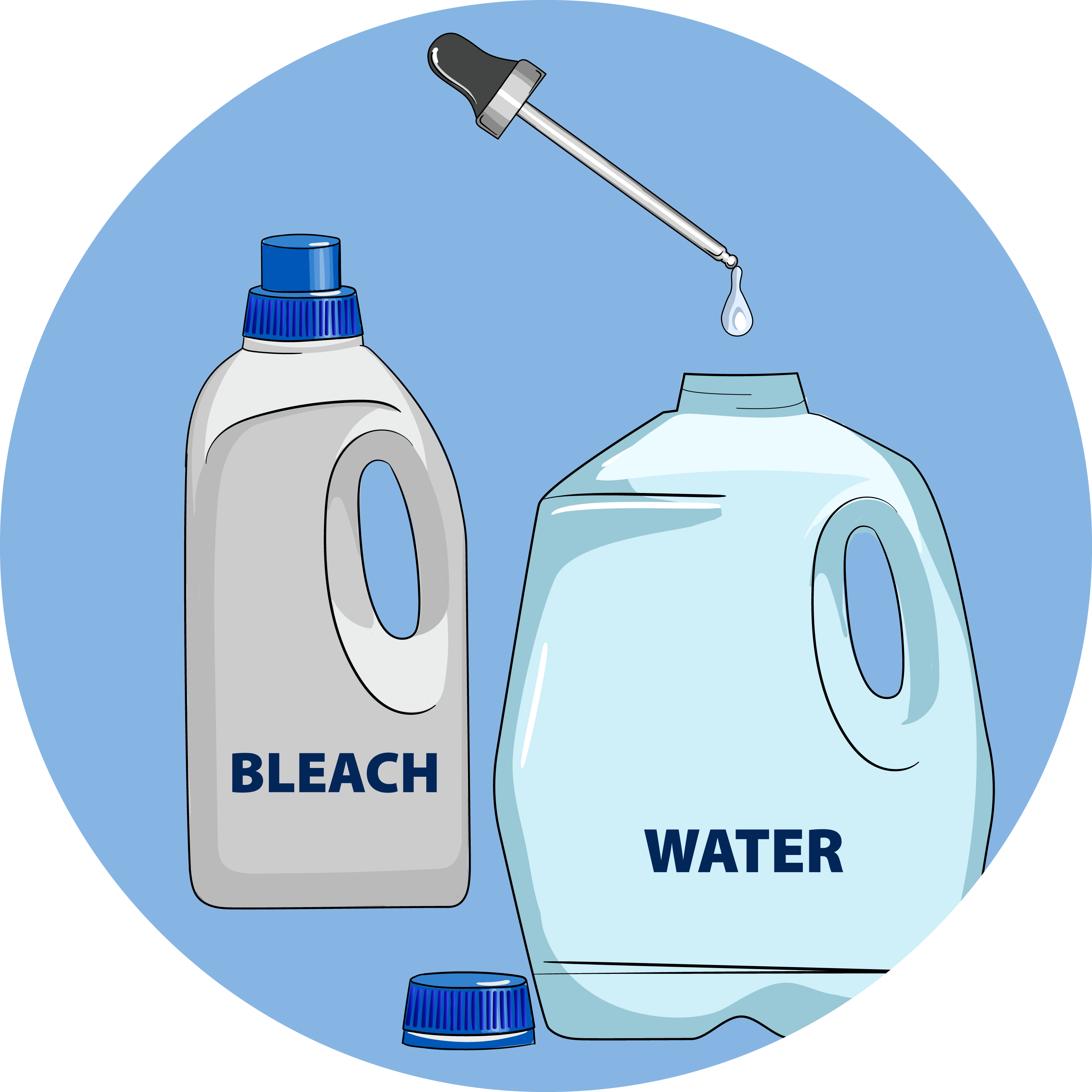 Illustration of a container labeled bleach, a medicine dropper, and a container labeled water.