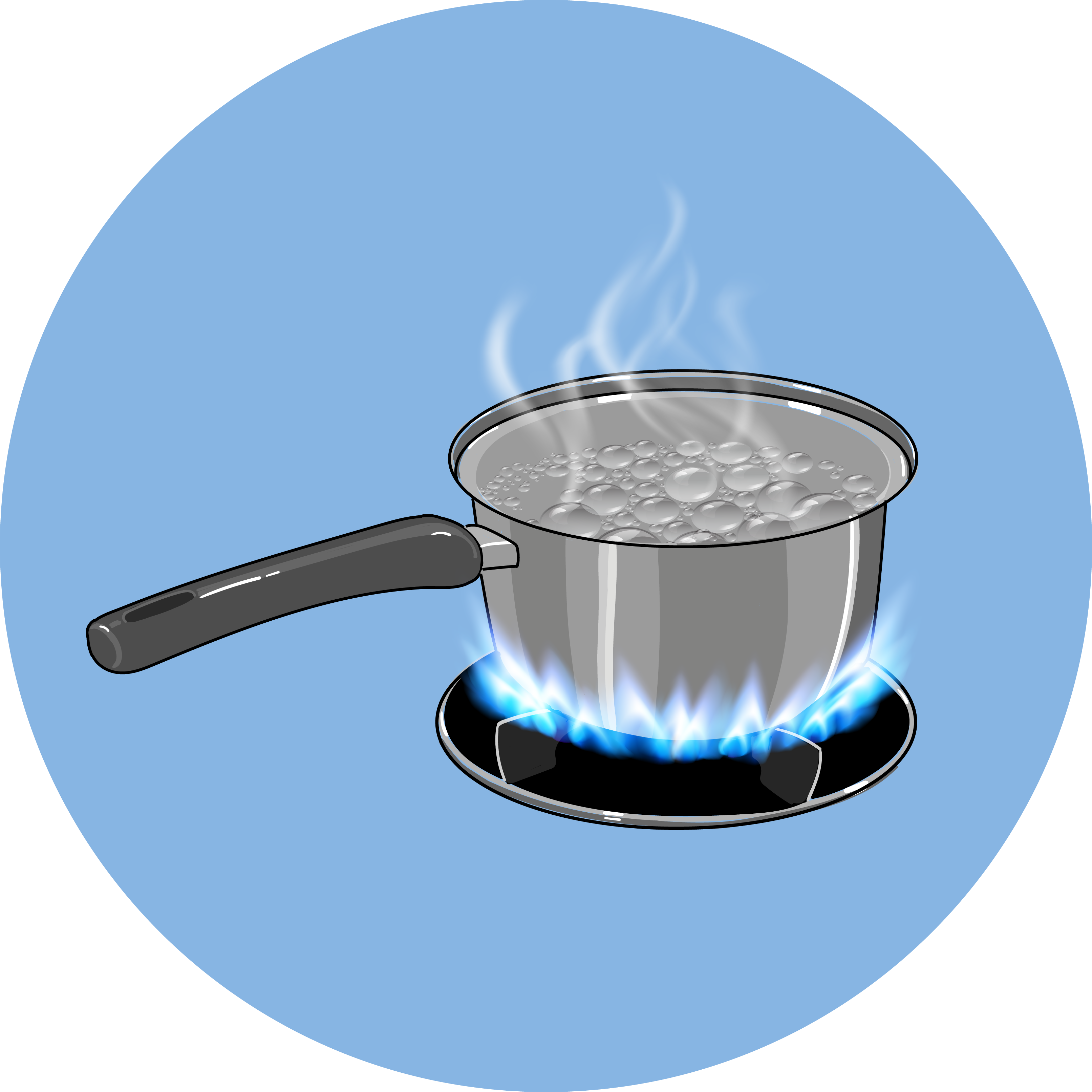 Illustration of a pot of boiling water over a flame.