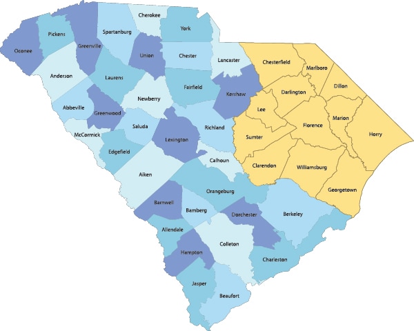 Map of South Carolina with the Pee Dee region highlighted