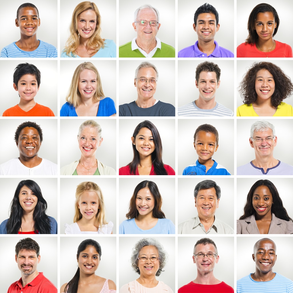 Portrait set of multi-generational and multi-racial people smiling.