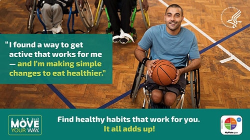 Man plays basketball while using a wheelchair. His quote says, “I found a way to get active that works for me – and I’m making simple changes to eat healthier.” Text reads, “Find healthy habits that work for you. It all adds up!”