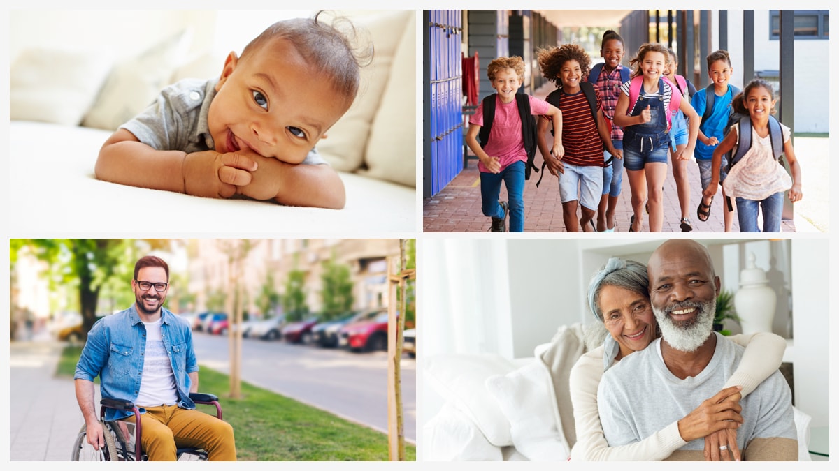 Photo collage of healthy people living throughout the lifespan.