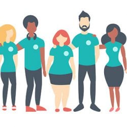Diverse group of cartoon illustrated people dressed in teal shirts, linking arms