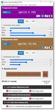 The Color Contrast Analyzer screen showing a purple foreground and brown background with 1.9:1 contrast ratio..