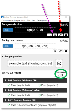 Color Contrast Analyzer showing black foreground color and white background color with 21:1 contrast ratio.