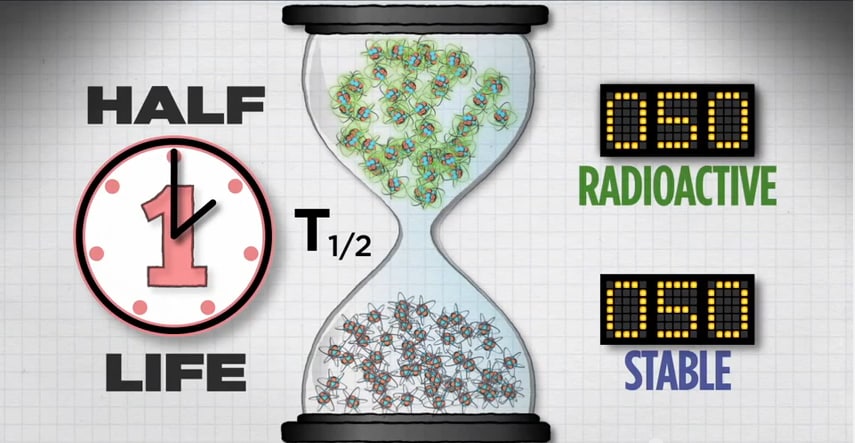 Illustration of 1 half-life with 50 radioactive atoms and 50 stable atoms remaining