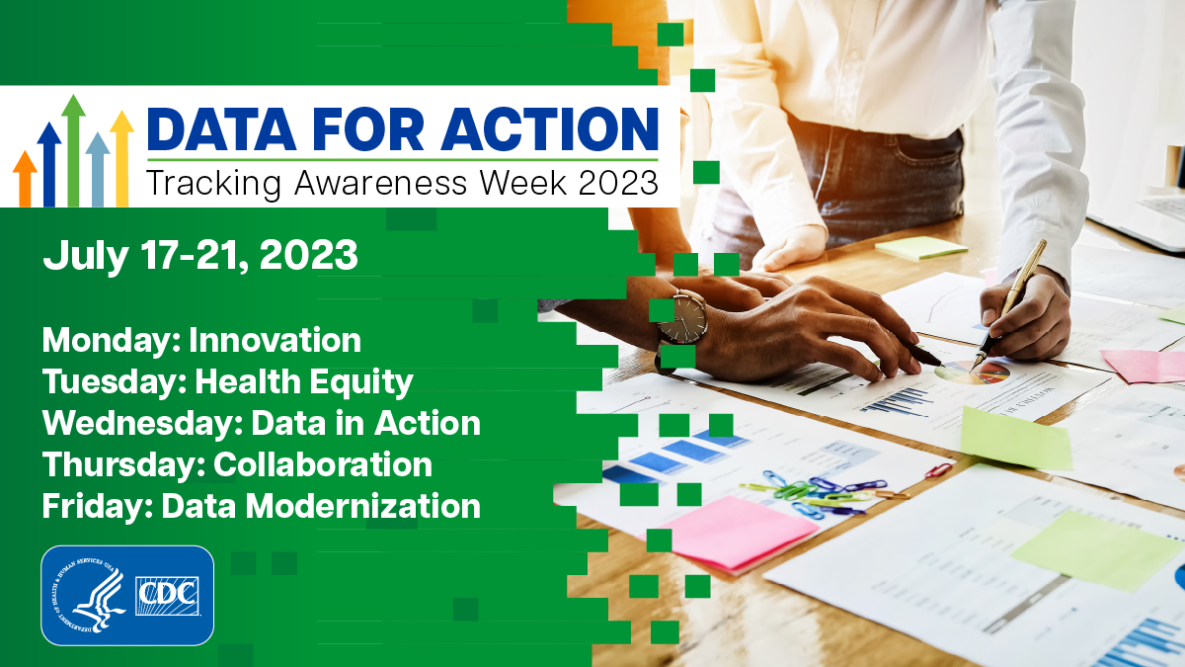 Data for Action - Tracking Awareness Week 2023 - July 17-21, 2023 | Photo of two people pointing out data on documents.