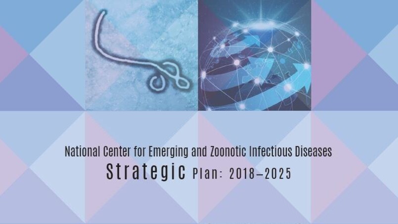 Blue and purple stylized imagery with a parasite and global graphic and text that states NCEZID Strategic Plan