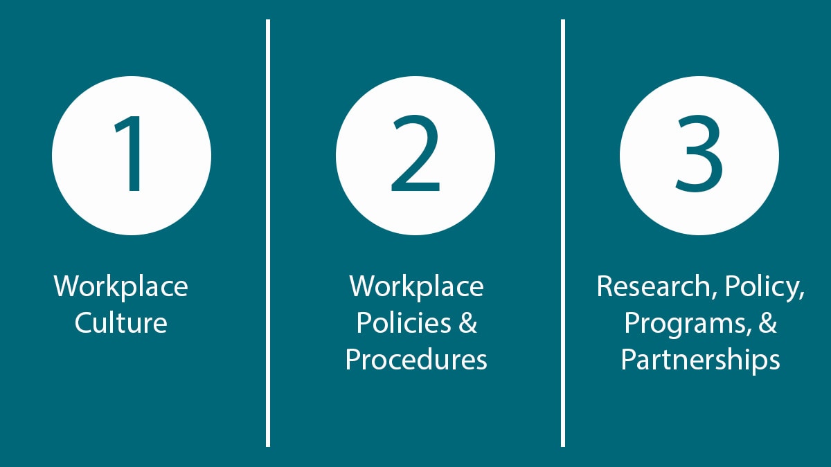 Equity Initiative Focus Areas. 1: Workplace Culture; 2) Workplace Policies and Procedures; 3) Research, Policy, Programs, and Partnerships