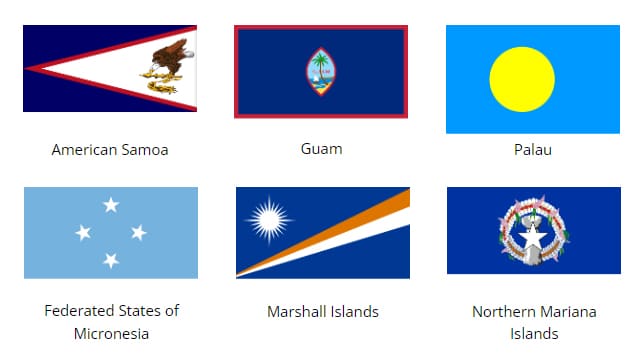 Flags of American Samoa, Guam, Palau, Federated States of Micronesia, Marshall Islands, American Mariana Islands.