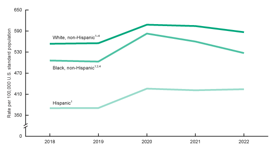 Figure 2 is a line chart showing the age-adjusted dementia death rate among adults age 65 and older by race and Hispanic origin in the United States, 2018–2022. 