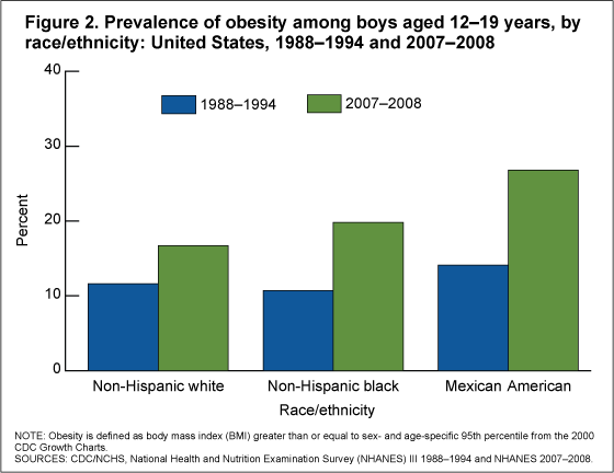 Figure 2 is a bar chart showing the prevalence of obesity among adolescent boys aged 12%26ndash;19 years in 1988%26ndash;1994 and 2007%26ndash;2008 among non-Hispanic white, non-Hispanic black, and Mexican-American boys.