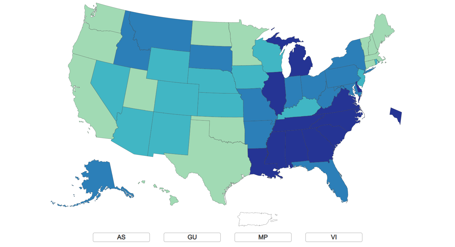U.S. map. States are in colors but colors do not represent data.