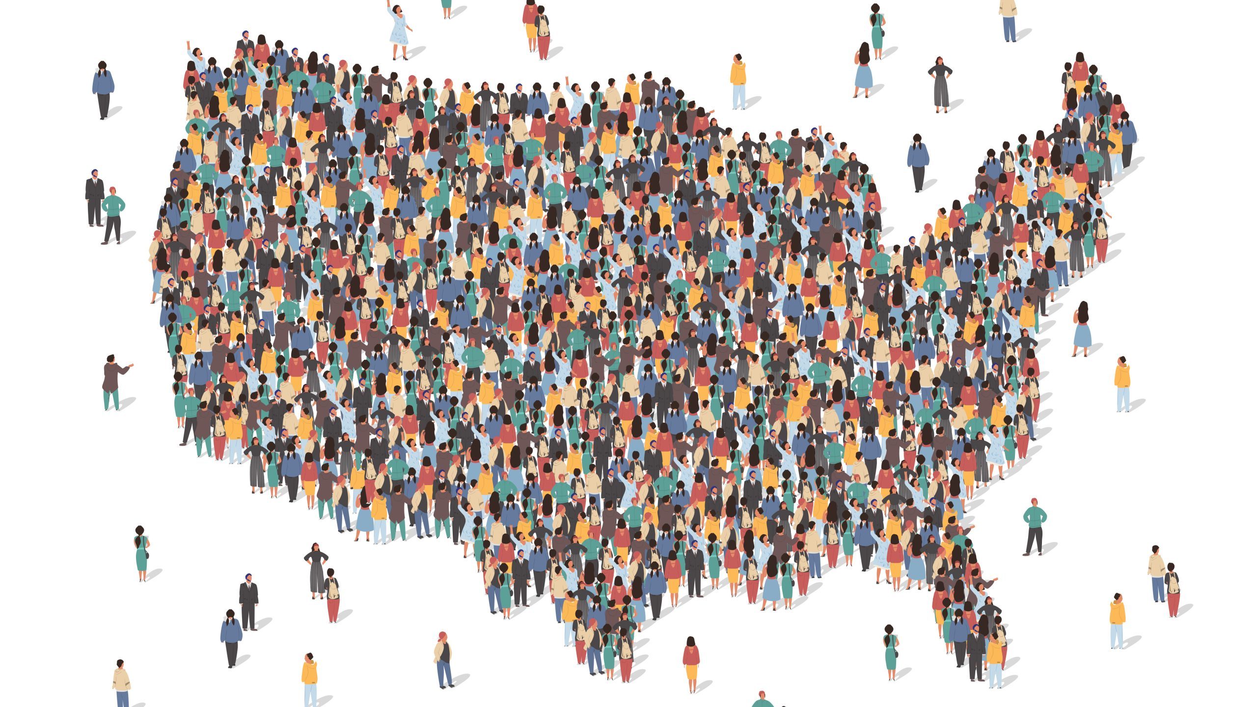 USA map made of a large diverse crowd of cartoon people