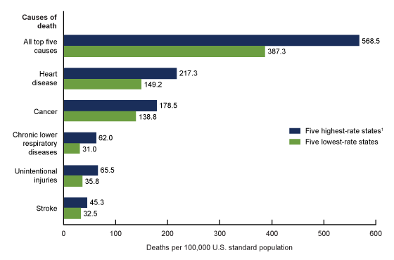 Figure 4 is a bar chart showing the average age-adjusted death rates for the five leading causes of death for the five states with the highest rates and the five states with the lowest rates: United States, 2017.
