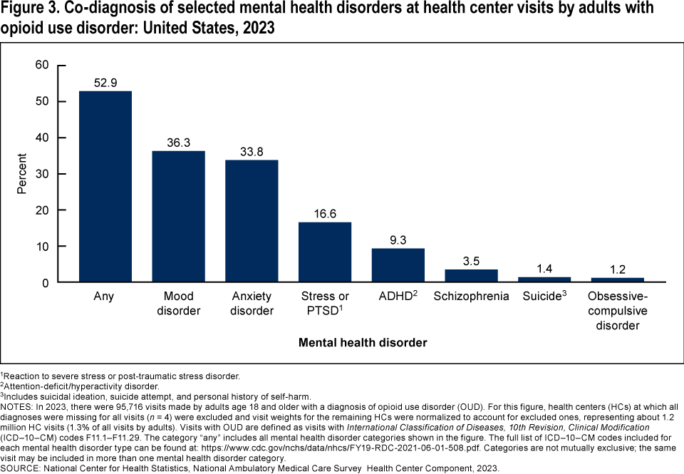 Figure 3 is a bar chart showing the percentage of health center visits made by adults with opioid use disorder that had a co-diagnosis of a mental health disorder in 2023.