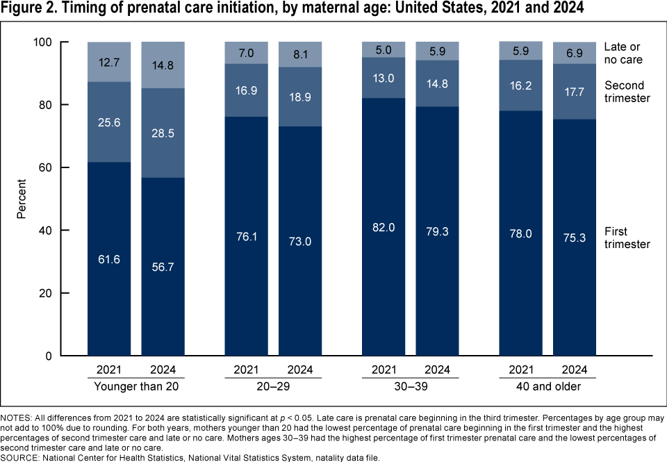 Figure 2 is a stacked bar chart of the percentage of mothers who began prenatal care in the first, second, or third trimester or had no prenatal care for 2021 and 2024 by age group.