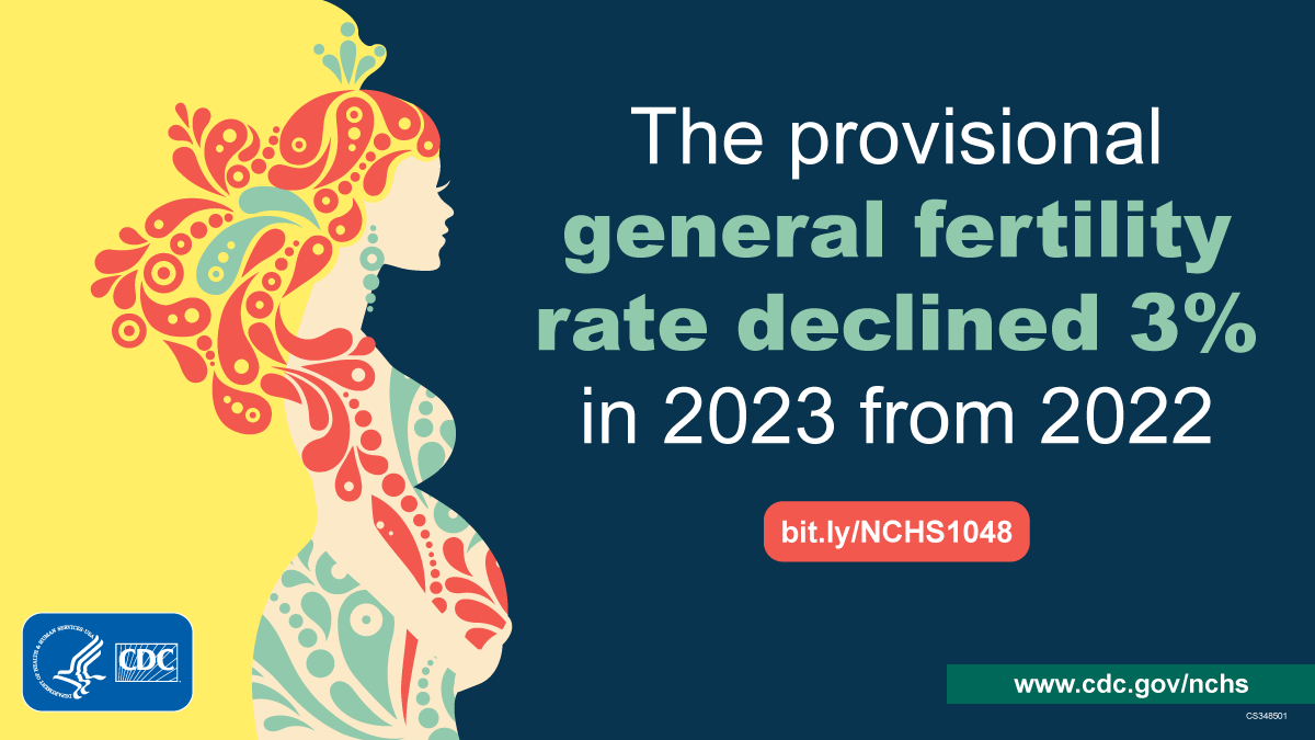 Image on left is a pregnant woman silhouette. Abstract red and green flowers form her hair and cover her body. Text says the provisional general fertility rate declined 3% in 2023 from 2022.