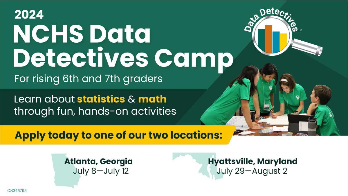 NCHS Data Detectives Camp for rising 6th and 7th graders. Learn about statistics & math thru fun, hands-on activities. Apply today: Atlanta, GA, July 8-12; Hyattsville, MD July 29-Aug 2