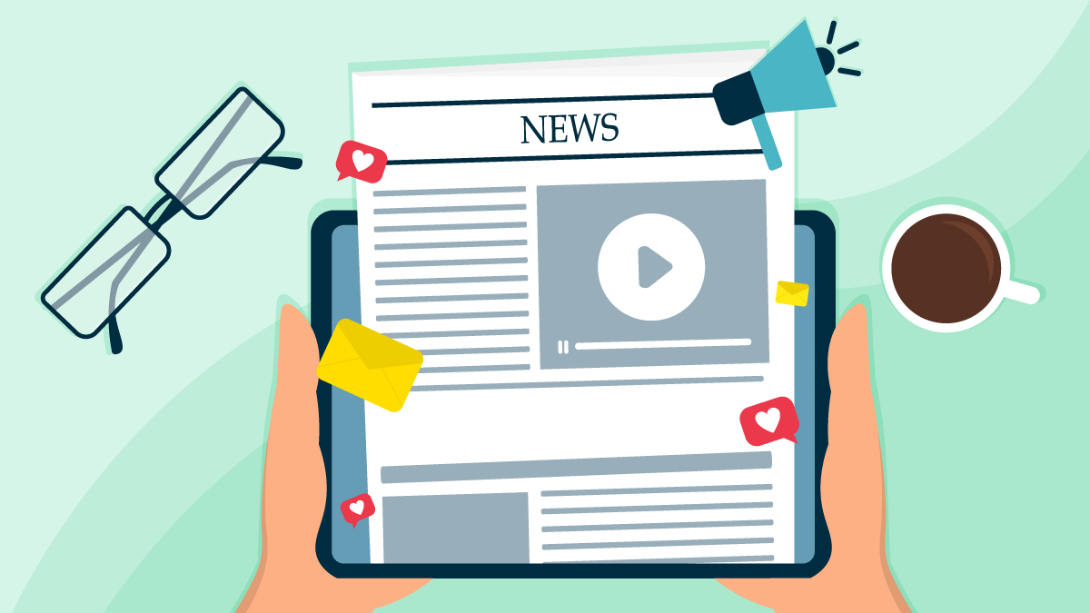 Collage shows hands, tablet, newspaper, video play icon, coffee cup, bullhorn, and glasses