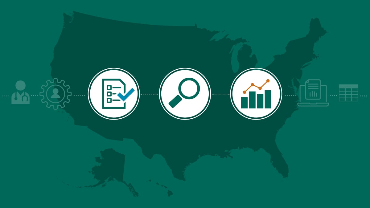 Icons of a survey, magnifying glass, and graph over a map of the U.S.