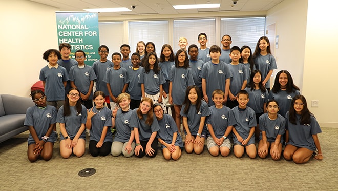 Group of students at NCHS headquarters for the 2024 Data Detectives Camp.