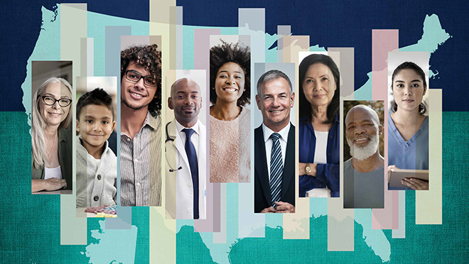 Partial cover of Health, US 2020-2021 Annual Perspectives shows a collage of people on a US map.