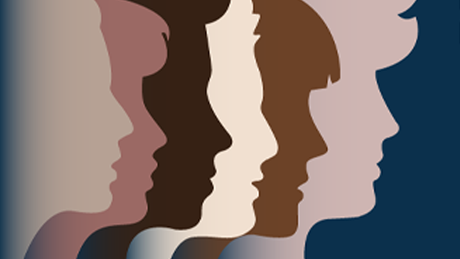 Image shows six diverse, overlapping profile silhouettes. Each has different features and colors.
