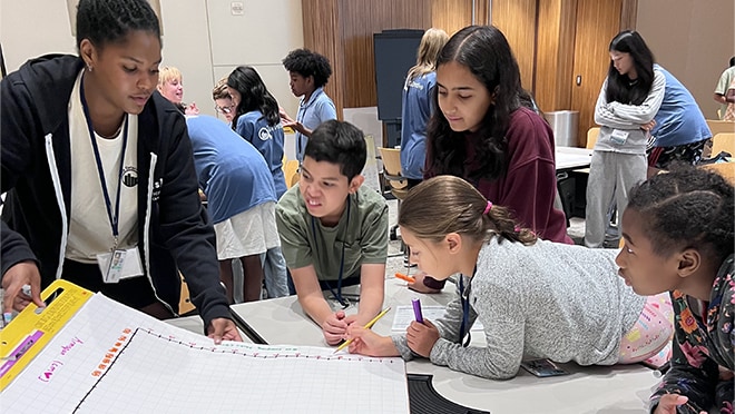 Students looking at a chart that the instructor is showing.